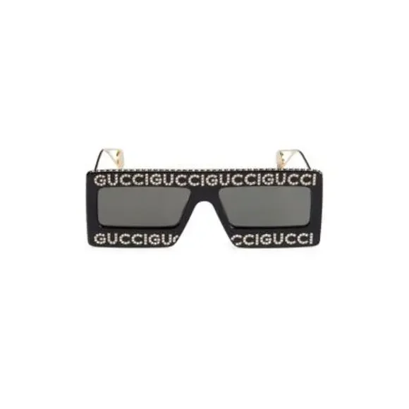 Gucci 60mm Black Acetate & Metal Embellished Rectangular Sunglasses Size OS - Picture 1 of 5